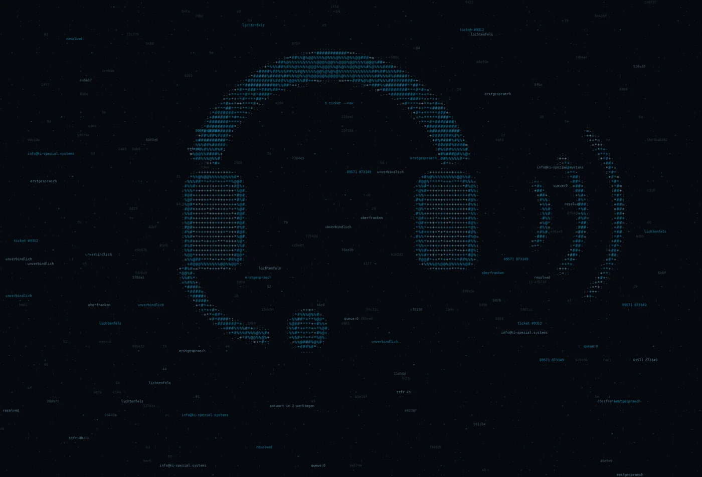 ASCII-Grafik: ein Headset am Arbeitsplatz — Titelbild der Kontaktseite von ki·spezial