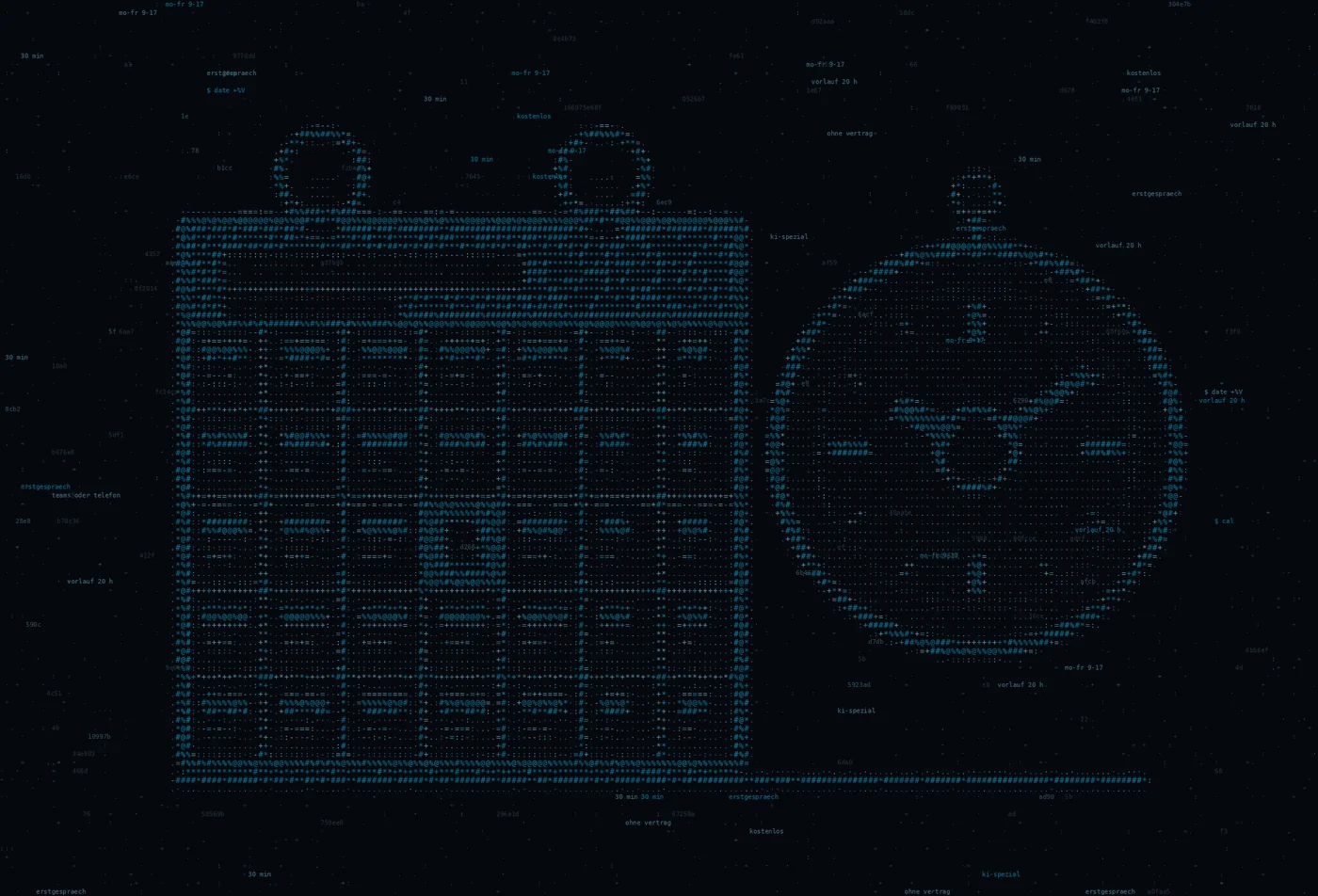 ASCII-Grafik: ein Wandkalenderblatt mit einem hervorgehobenen Tag und einer Uhr daneben — Titelbild der Terminseite von ki·spezial